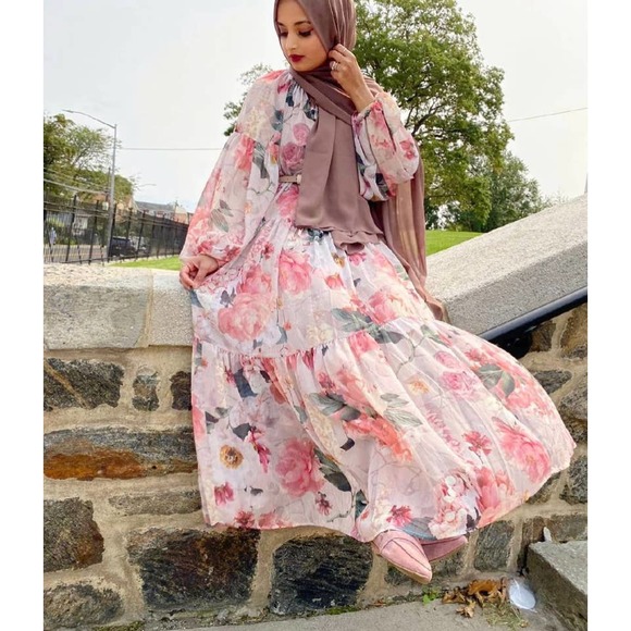 Chiffon Wide Cut Floral Dress Balloon Slee… - Picture 2 of 14